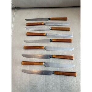 Vintage Sta Brite MCM Bakelite 9” Knife Butterscotch Stainless Steel Lot Of 9